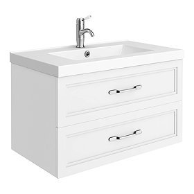 Period Bathroom Co. Wall Hung Vanity - Matt White - 800mm 2 Drawer with Chrome Handles Large Image