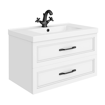 Trafalgar Wall Hung Vanity - Matt White - 800mm 2 Drawer with Matt Black Handles