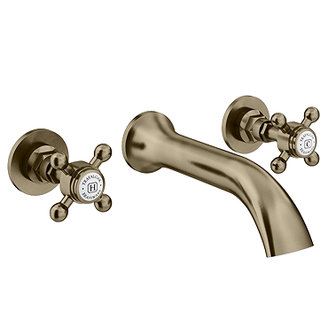 Trafalgar Wall Mounted Basin Spout and Crosshead Stop Taps - Antique Brass