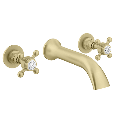 Trafalgar Wall Mounted Basin Spout and Crosshead Stop Taps – Brushed Brass