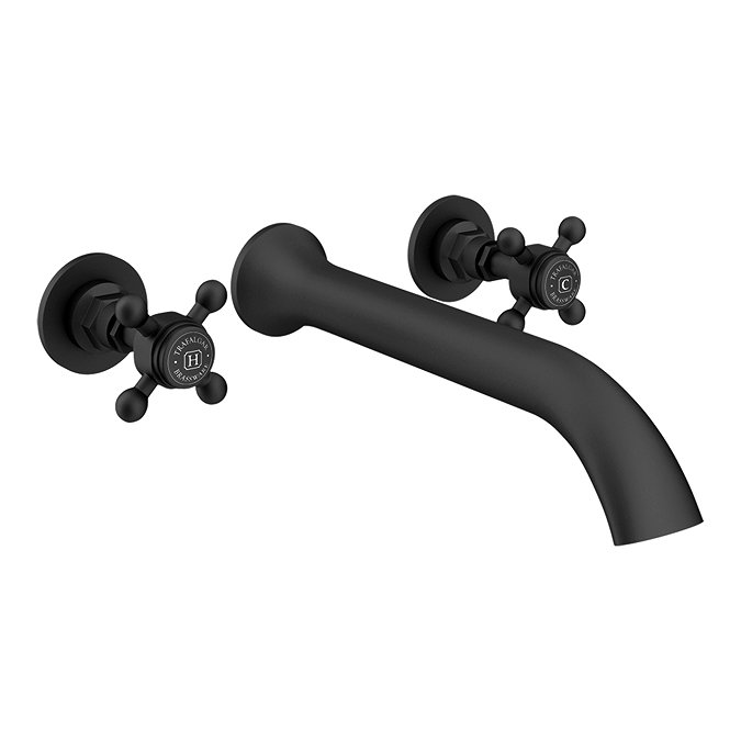 Trafalgar Wall Mounted Bath Spout and Crosshead Stop Taps Matt Black & Black Indices