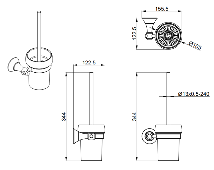 Trafalgar Wall Mounted Toilet Brush - Brushed Brass