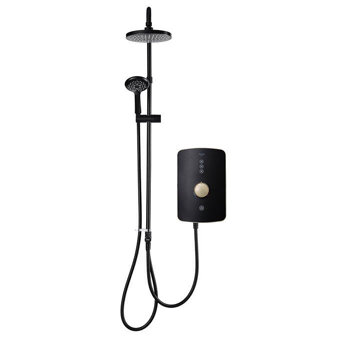 Front view of the Triton Amala DuElec 9.5kW electric shower unit in brushed brass and black with illuminated control dial.