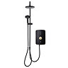 Front view of the Triton Amala DuElec 9.5kW electric shower unit in brushed brass and black with illuminated control dial.