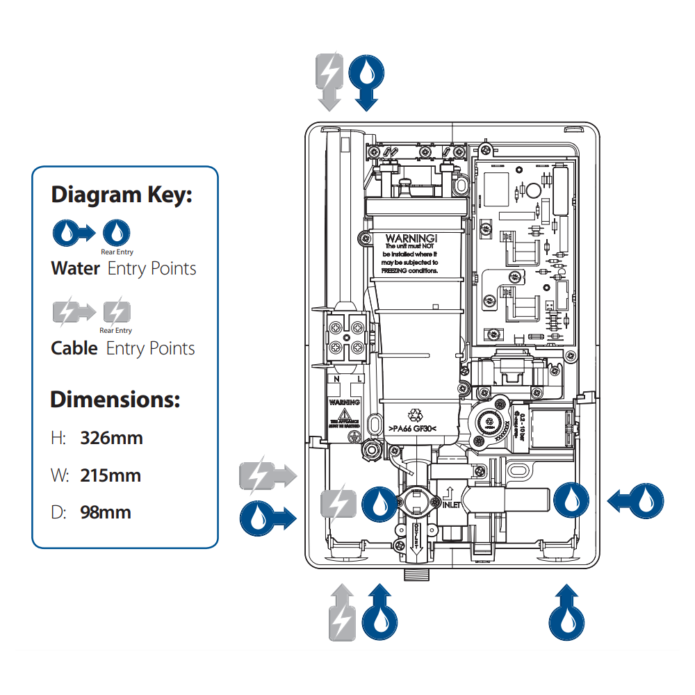 Internal diagram of the Triton Amala DuElec electric shower showing water and cable entry points with labelled dimensions.