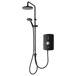 Angled view of the Triton Amala DuElec dual outlet electric shower showing rainfall head, handheld shower, and control unit.