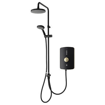 Front view of the Triton Amala DuElec 9.5kW electric shower unit in brushed brass and black with illuminated control dial.