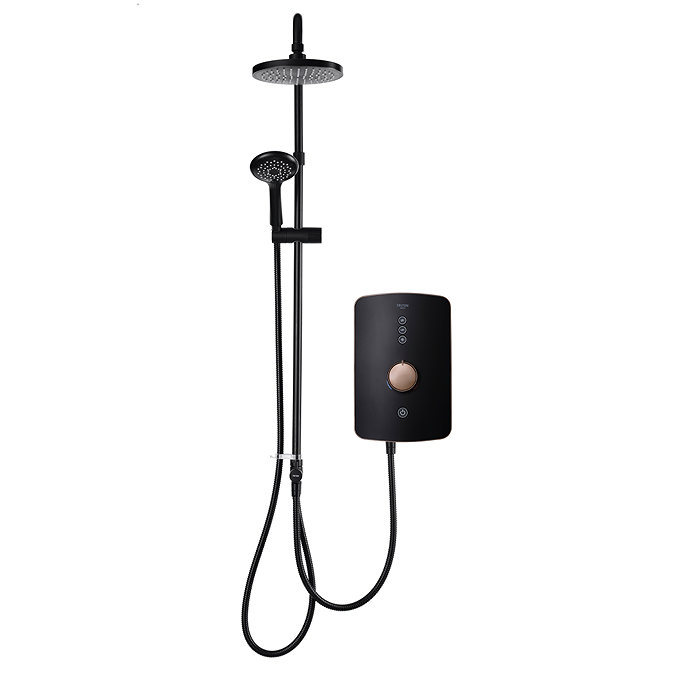 Front view of the Triton Amala DuElec 9.5kW electric shower unit in brushed copper and black with illuminated control dial.