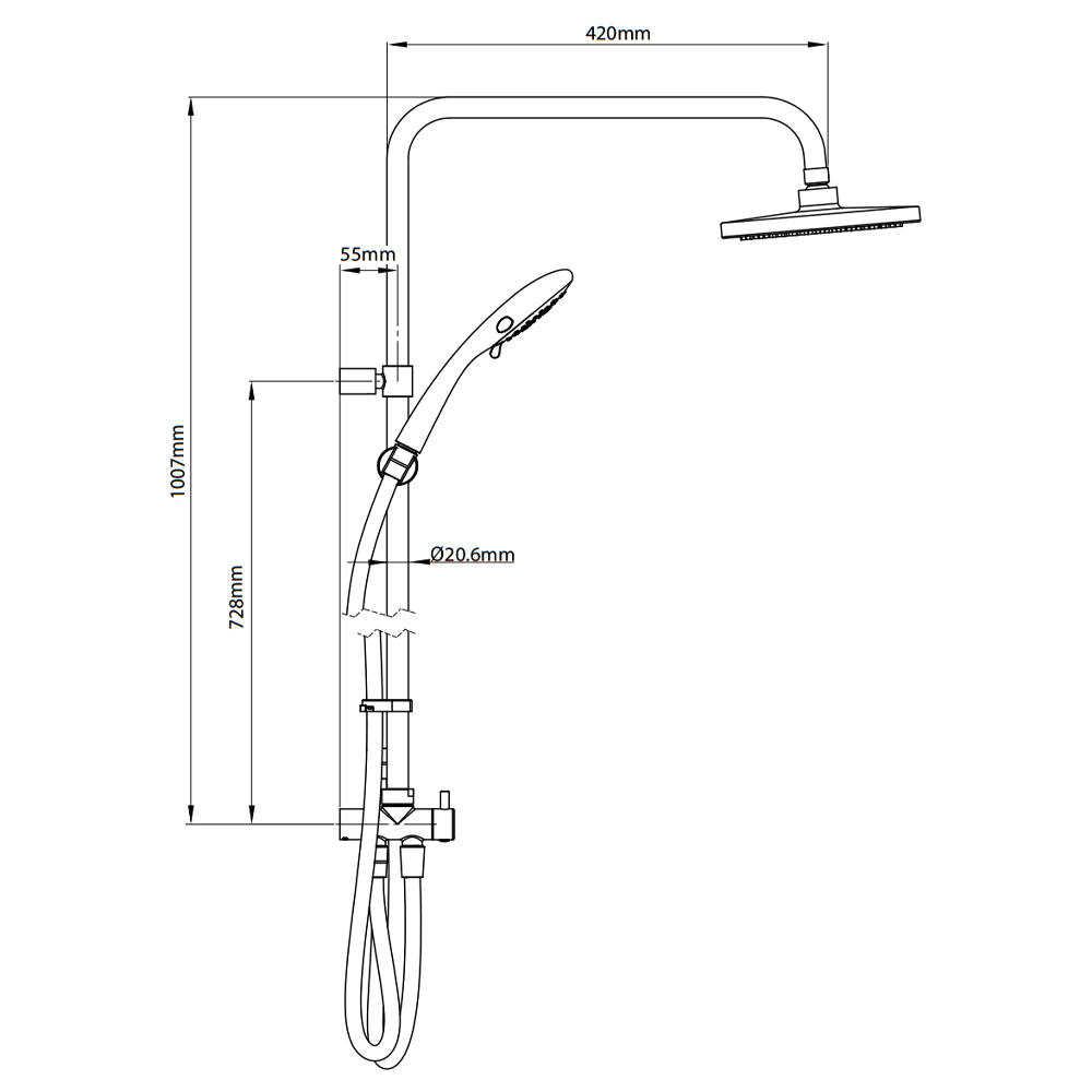 Technical dimensions diagram showing the Triton Amala DuElec shower riser rail, overhead rainfall shower head, handheld shower, and diverter valve with measurements.