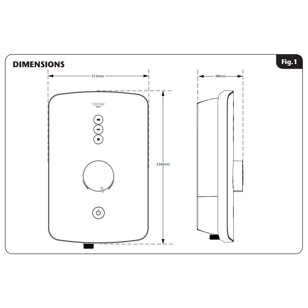 Front and side view dimensions of the Triton Amala DuElec electric shower unit, showing overall width, height, and depth.