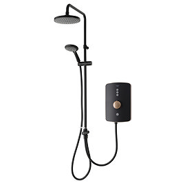 Angled view of the Triton Amala DuElec dual outlet electric shower showing rainfall head, handheld shower, and control unit.