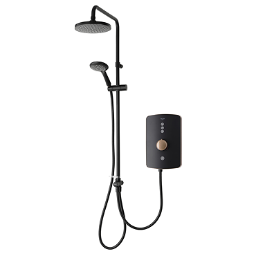 Front view of the Triton Amala DuElec 9.5kW electric shower unit in brushed copper and black with illuminated control dial.