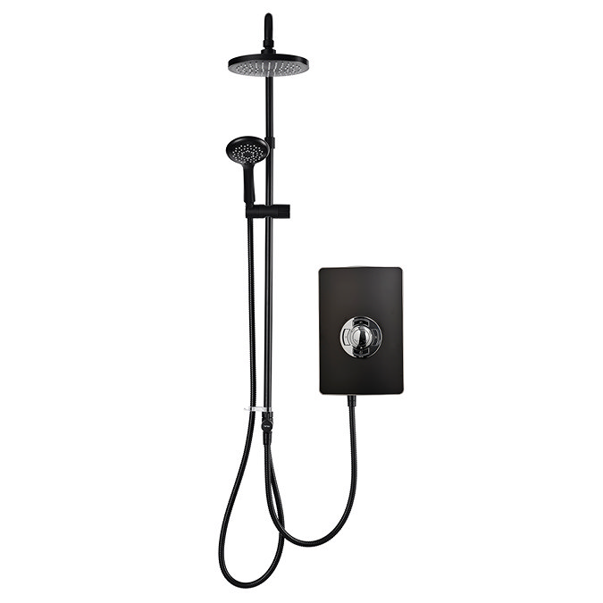 Front view of the Triton Aspirante DuElec 9.5kW electric shower unit in matt black with illuminated control dial.