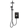 Front view of the Triton Aspirante DuElec 9.5kW electric shower unit in matt black with illuminated control dial.