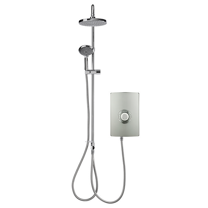 Front view of the Triton Aspirante DuElec 9.5kW electric shower unit in brushed steel and chrome with illuminated control dial.