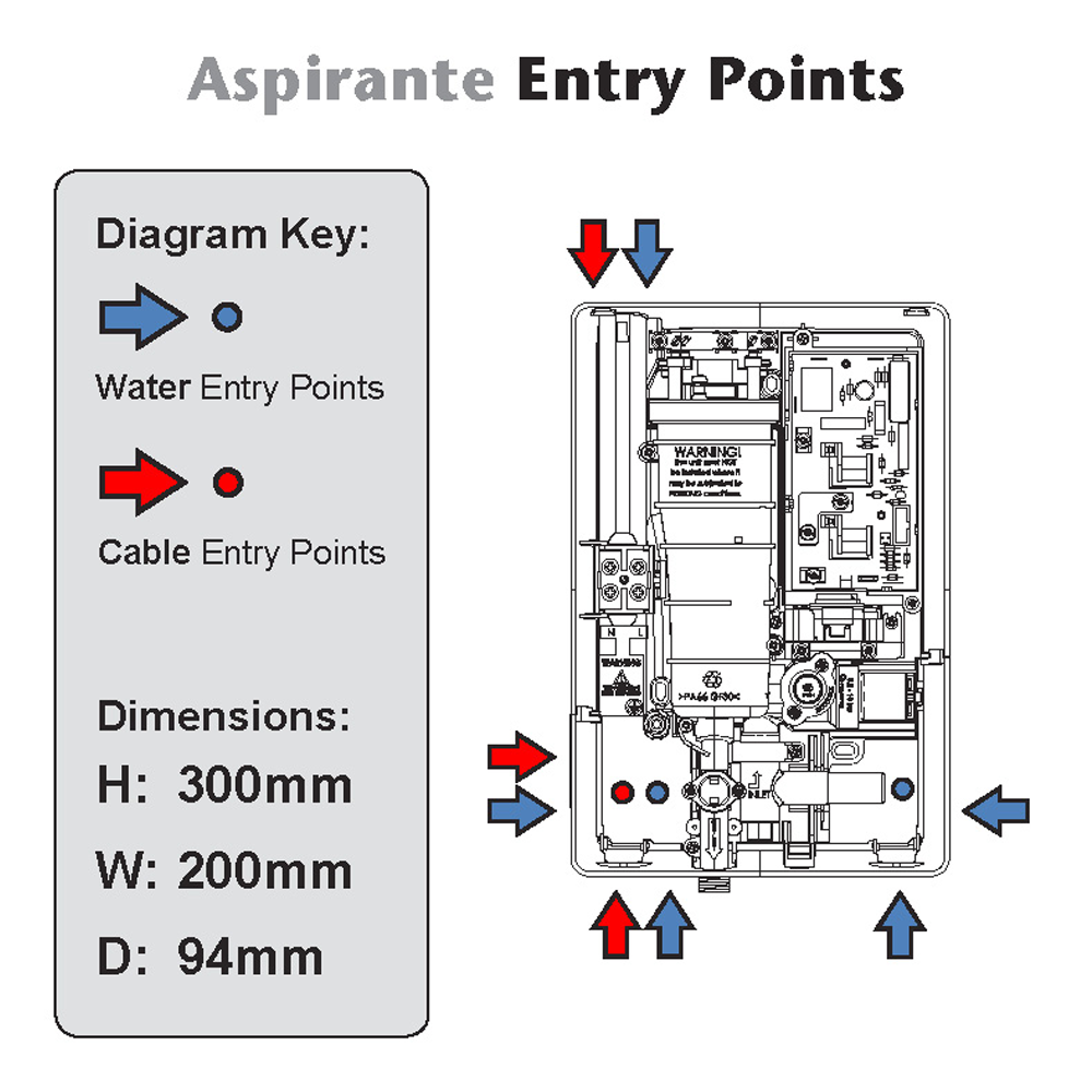 Internal diagram of the Triton Aspirante DuElec electric shower showing water and cable entry points with labelled dimensions.
