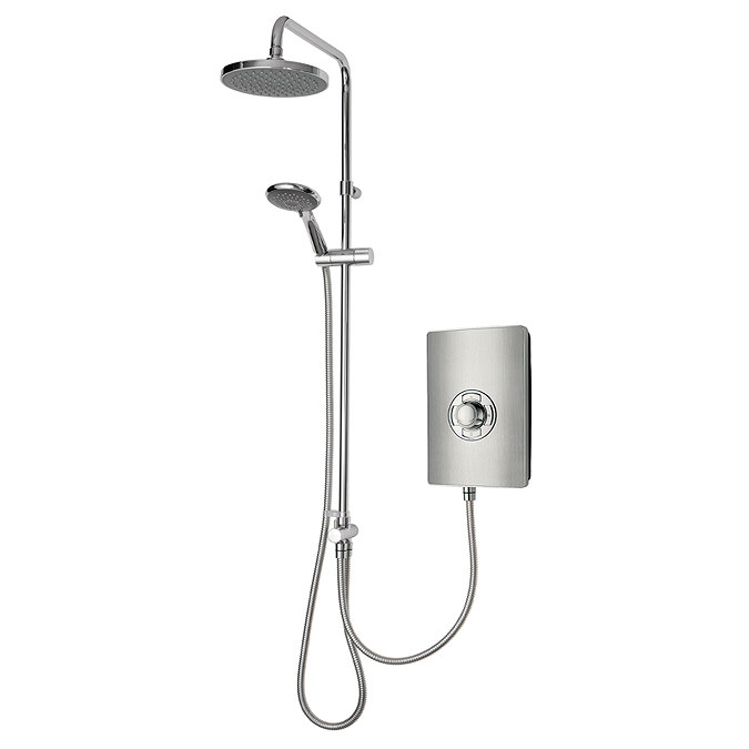 Angled view of the Triton Aspirante DuElec dual outlet electric shower showing rainfall head, handheld shower, and control unit.