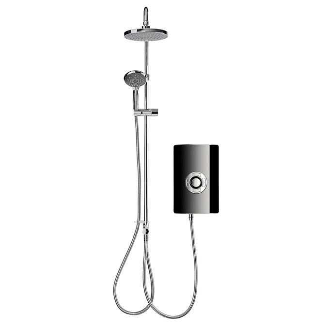 Front view of the Triton Aspirante DuElec 9.5kW electric shower unit in gloss black and chrome with illuminated control dial.