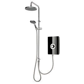 Angled view of the Triton Aspirante DuElec dual outlet electric shower showing rainfall head, handheld shower, and control unit.