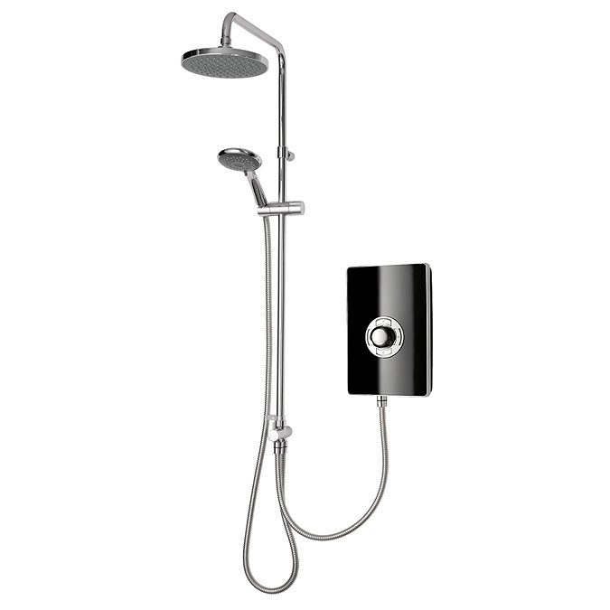 Angled view of the Triton Aspirante DuElec dual outlet electric shower showing rainfall head, handheld shower, and control unit.