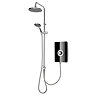 Angled view of the Triton Aspirante DuElec dual outlet electric shower showing rainfall head, handheld shower, and control unit.