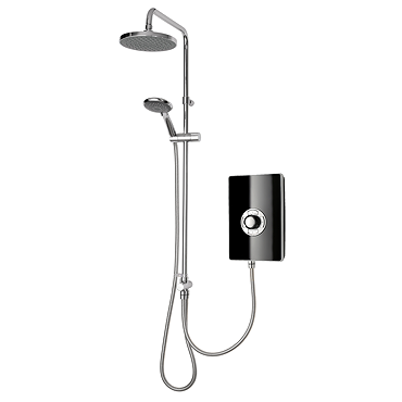 Front view of the Triton Aspirante DuElec 9.5kW electric shower unit in gloss black and chrome with illuminated control dial.