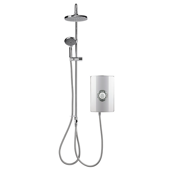 Front view of the Triton Aspirante DuElec 9.5kW electric shower unit in gloss white and chrome with illuminated control dial.