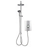 Front view of the Triton Aspirante DuElec 9.5kW electric shower unit in gloss white and chrome with illuminated control dial.