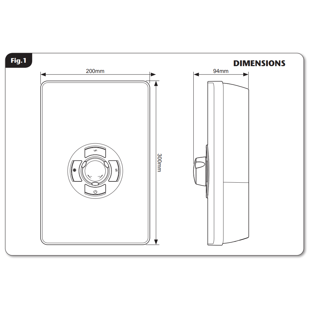 Front and side view dimensions of the Triton Aspirante DuElec electric shower unit, showing overall width, height, and depth.