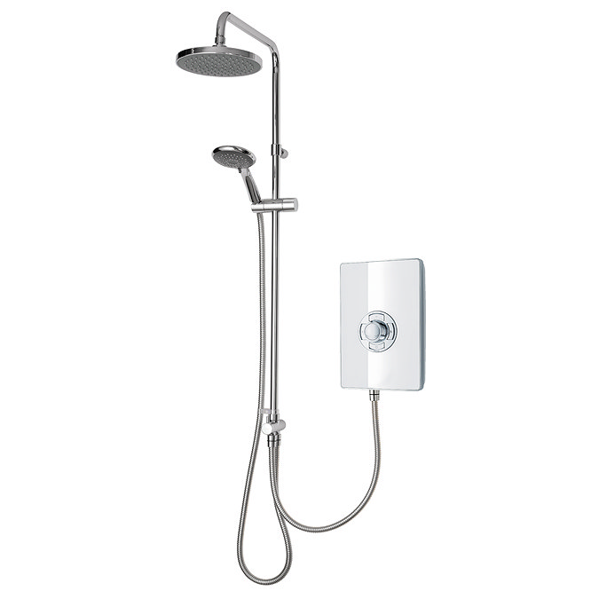 Angled view of the Triton Aspirante DuElec dual outlet electric shower showing rainfall head, handheld shower, and control unit.