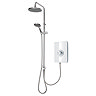 Angled view of the Triton Aspirante DuElec dual outlet electric shower showing rainfall head, handheld shower, and control unit.