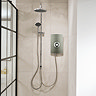 Triton Aspirante DuElec electric shower installed in a modern bathroom setting, showing the shower unit alongside the rainfall and handheld shower heads.