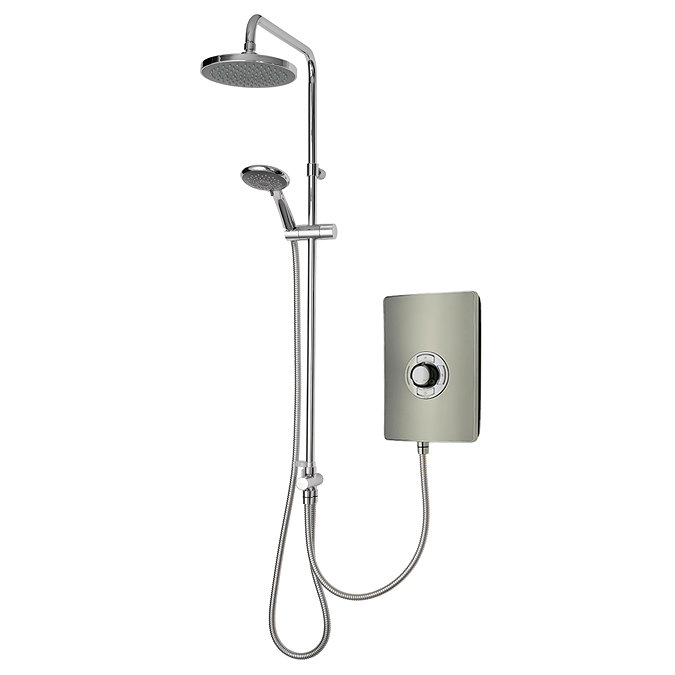 Angled view of the Triton Aspirante DuElec dual outlet electric shower showing rainfall head, handheld shower, and control unit.