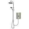 Angled view of the Triton Aspirante DuElec dual outlet electric shower showing rainfall head, handheld shower, and control unit.