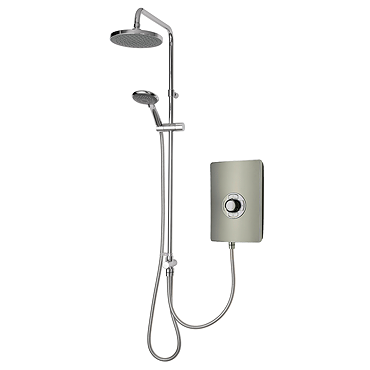 Front view of the Triton Aspirante DuElec 9.5kW electric shower unit in gunmetal and chrome with illuminated control dial.