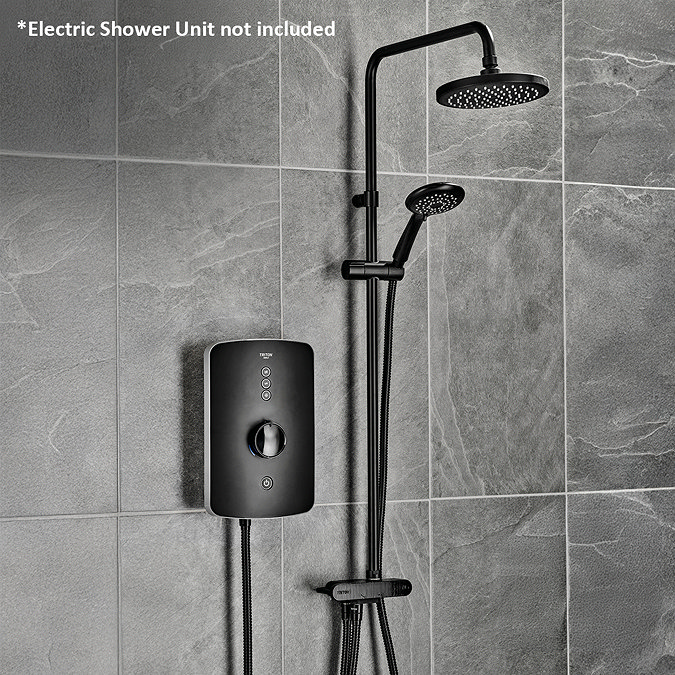 Triton DuoSwitch dual-outlet shower kit in black installed with a compatible electric shower unit shown for illustration; rainfall and handheld shower heads mounted on a rigid riser rail.