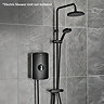 Triton DuoSwitch dual-outlet shower kit in black installed with a compatible electric shower unit shown for illustration; rainfall and handheld shower heads mounted on a rigid riser rail.