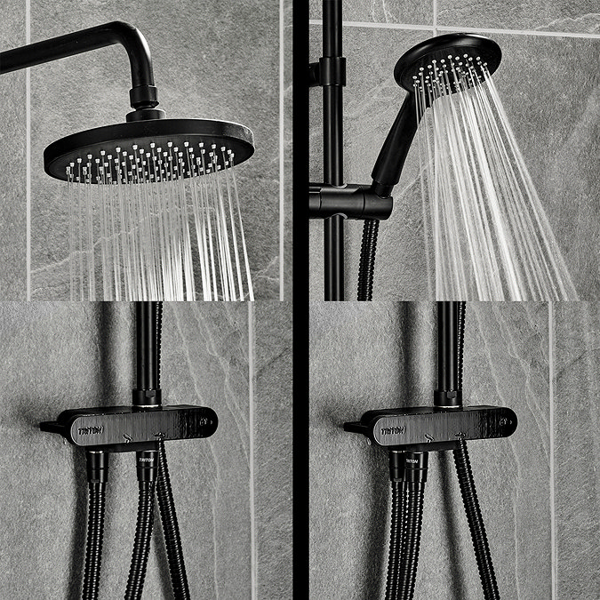 Close-up of the Triton DuoSwitch black rainfall shower head and handset in use, showing the positioning of the hose depending on if the shower head or handset is in use.