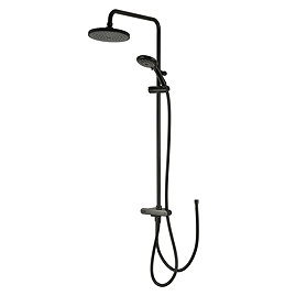 Triton DuoSwitch dual-outlet rigid riser shower kit in black shown against a white background, including rainfall head, handheld shower, and diverter.
