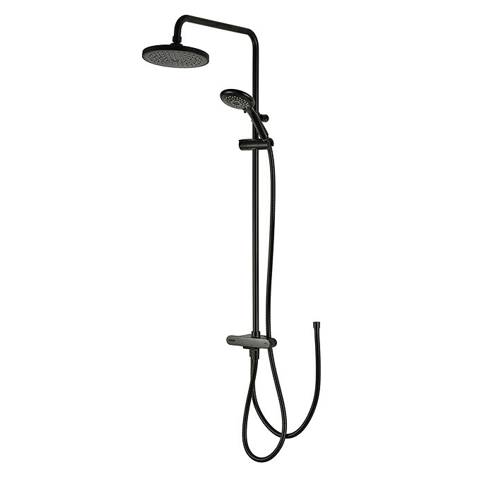 Triton DuoSwitch dual-outlet rigid riser shower kit in black shown against a white background, including rainfall head, handheld shower, and diverter.