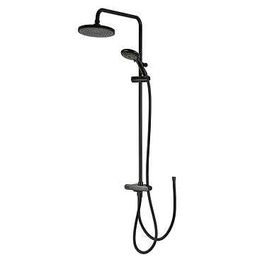 Triton DuoSwitch dual-outlet shower kit in black installed with a compatible electric shower unit shown for illustration; rainfall and handheld shower heads mounted on a rigid riser rail.