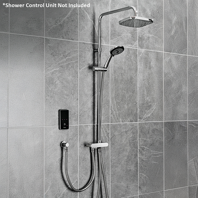 Triton DuoSwitch dual-outlet shower kit in chrome installed with a compatible electric shower unit shown for illustration; rainfall and handheld shower heads mounted on a rigid riser rail.