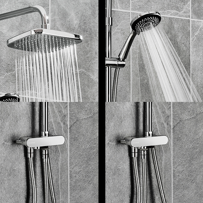 Close-up of the Triton DuoSwitch chrome rainfall shower head and handset in use, showing the positioning of the hose depending on if the shower head or handset is in use.