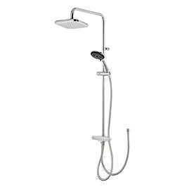 Triton DuoSwitch dual-outlet rigid riser shower kit in chrome shown against a white background, including rainfall head, handheld shower, and diverter.