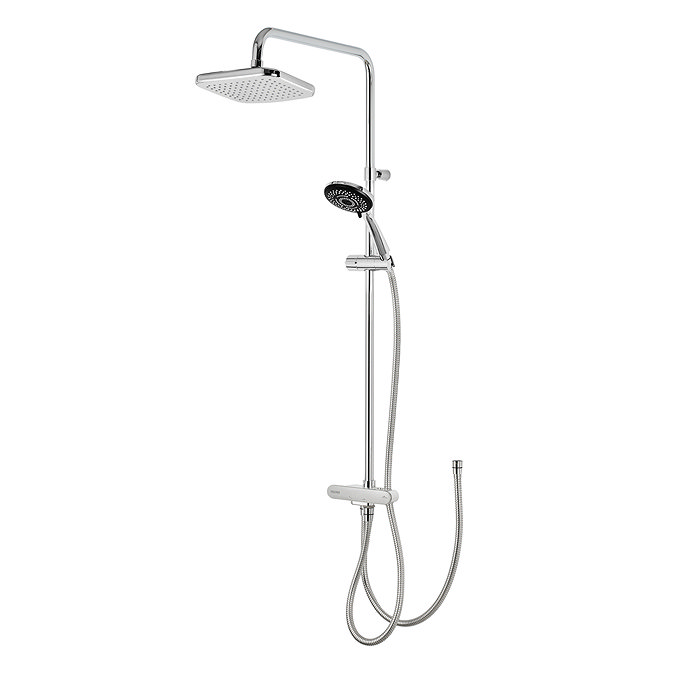 Triton DuoSwitch dual-outlet rigid riser shower kit in chrome shown against a white background, including rainfall head, handheld shower, and diverter.