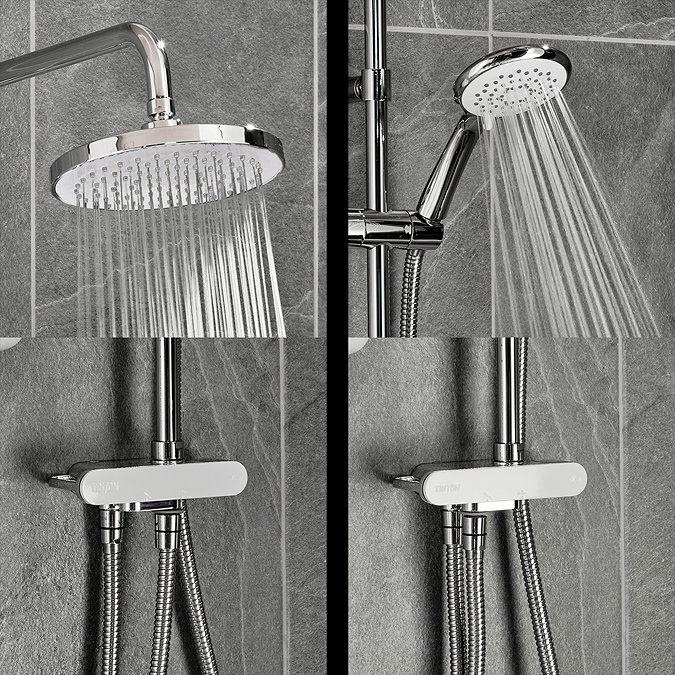 Close-up of the Triton DuoSwitch white and chrome rainfall shower head and handset in use, showing the positioning of the hose depending on if the shower head or handset is in use.