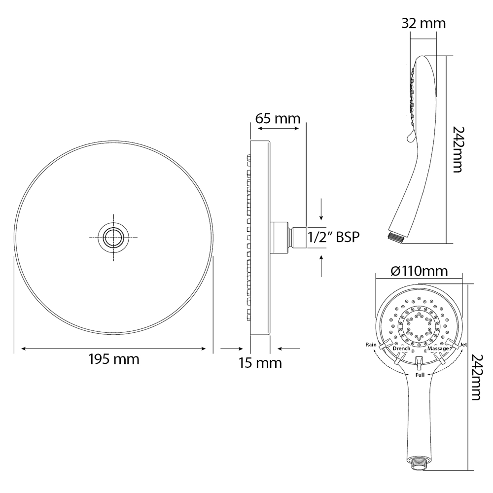 Technical drawings showing dimensions of the Triton DuoSwitch rainfall and handheld shower heads with 1/2 inch BSP connections.