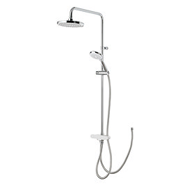 Triton DuoSwitch dual-outlet rigid riser shower kit in white and chrome shown against a white background, including rainfall head, handheld shower, and diverter.