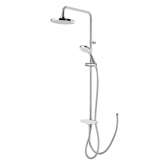 Triton DuoSwitch dual-outlet rigid riser shower kit in white and chrome shown against a white background, including rainfall head, handheld shower, and diverter.