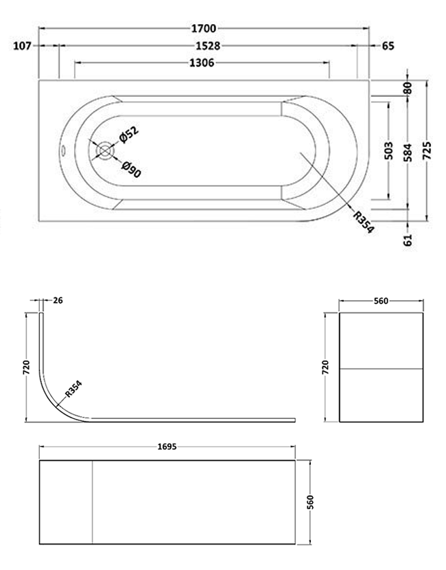 J-Shaped 1700mm Single Ended Bath + Curved Panel